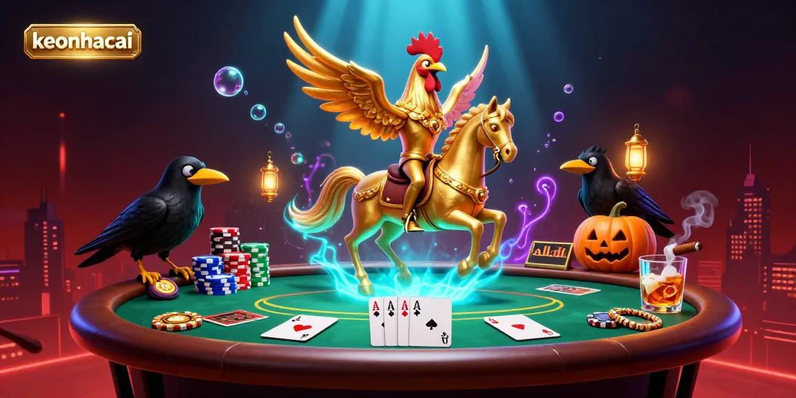 Experience thrilling keonhacai gaming with a dynamic visual of a golden rooster character amidst vibrant casino elements.