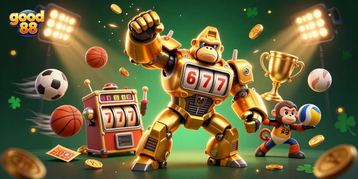 Engage with good 88's exciting betting scenes featuring a golden gorilla mech and vibrant sports elements.