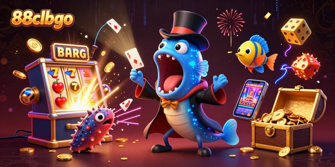 88clbgo features a magician deep-sea eel performing card tricks in a vibrant casino scene.
