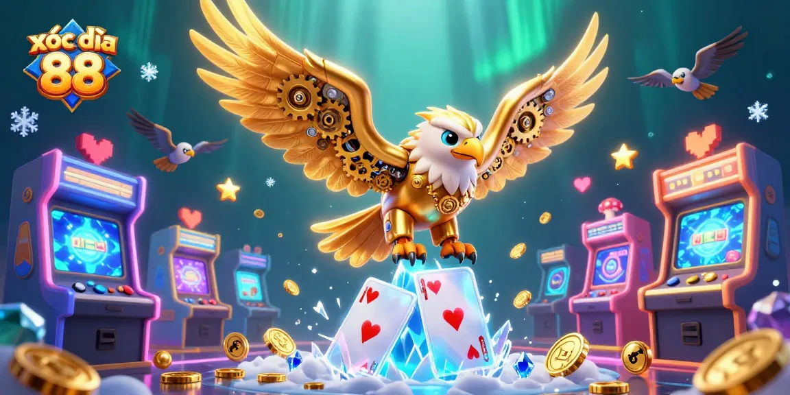 Experience the thrill of xóc đĩa 88 with a stunning 3D illustration featuring a golden eagle amidst lively casino elements.