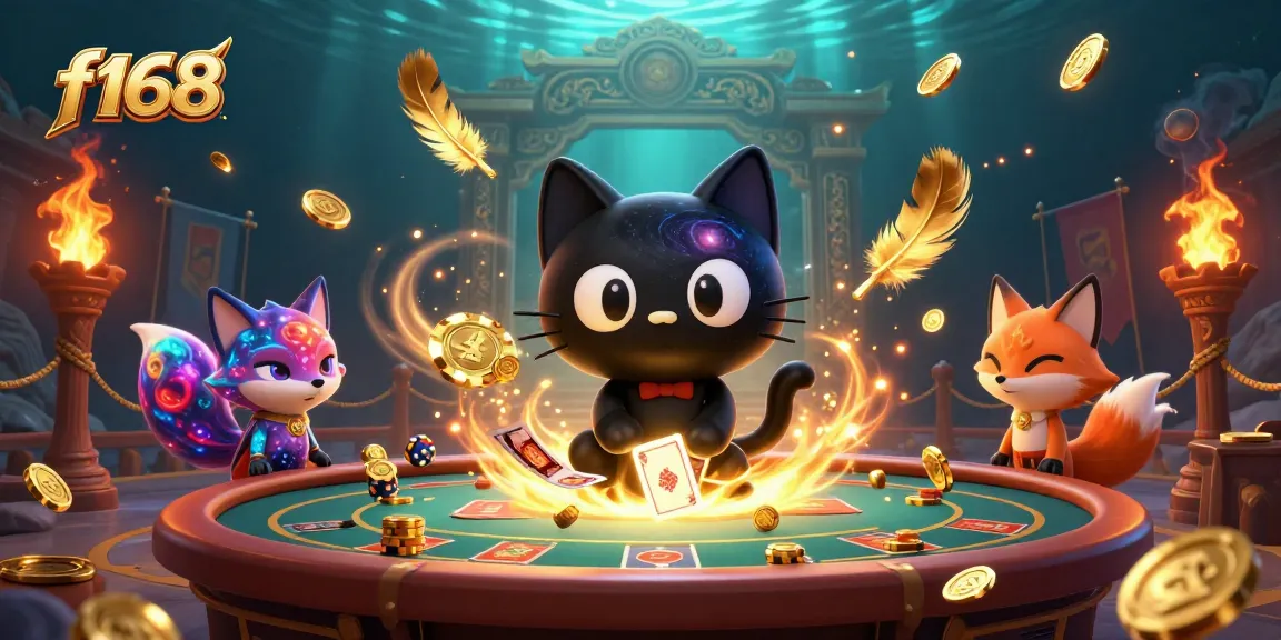 f168 casino scene featuring a black hole cat and nebula fox attracting golden chips and cards