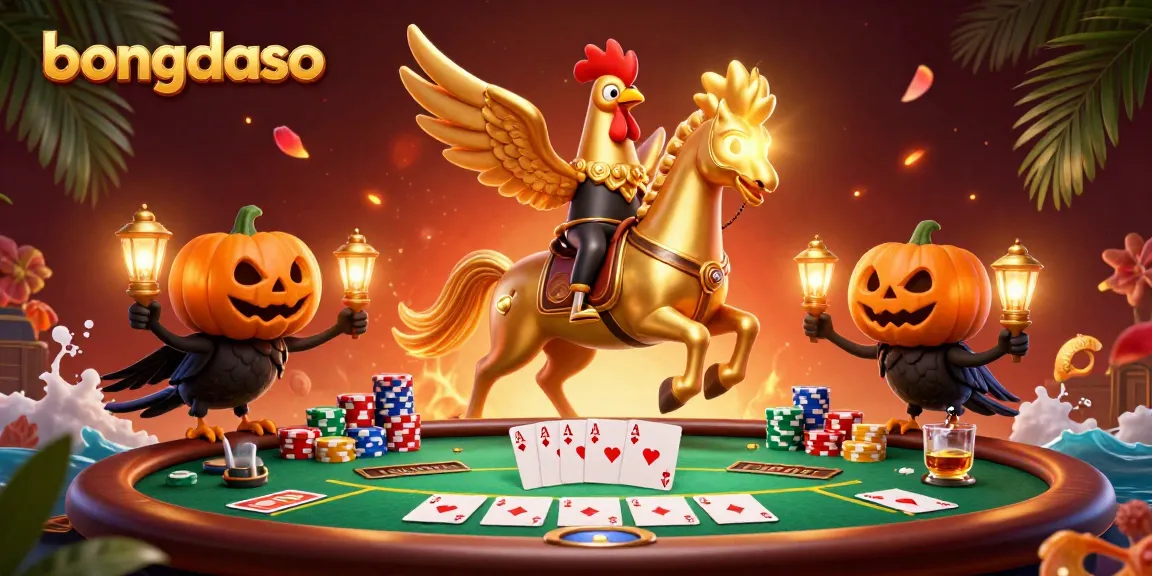 Bets and excitement in Bongdaso's vibrant casino scene with a golden rooster and poker action.