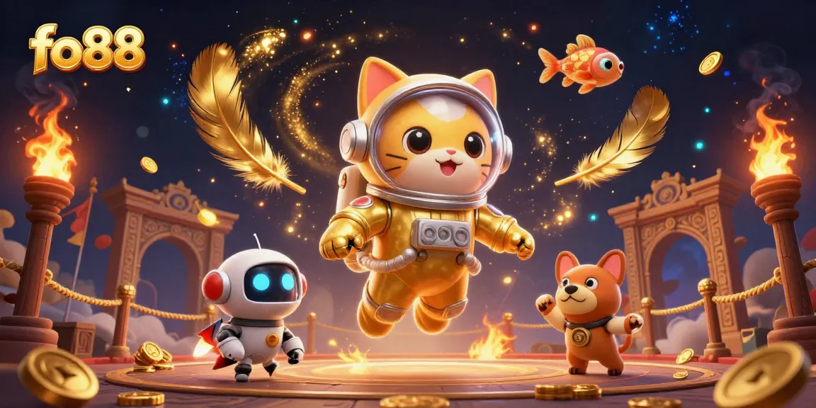 fo88 branding sparkles with a 3D cartoon cat astronaut and a robot dog amidst a cosmic casino adventure.