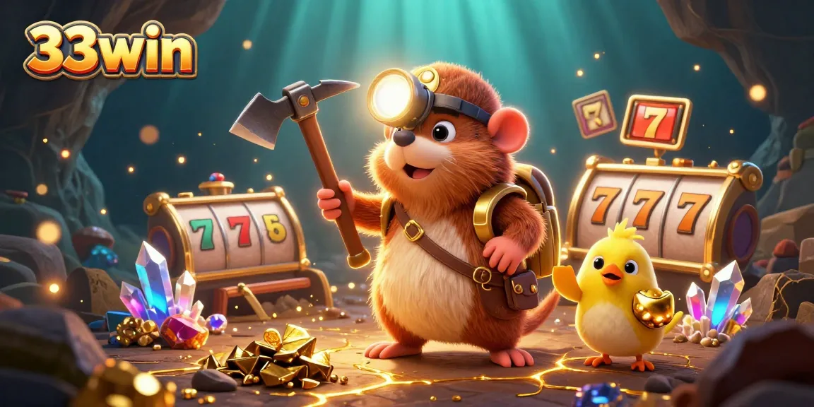 Experience the excitement of 33win's casino adventures with a treasure hunter mole in a sparkling slot game world.
