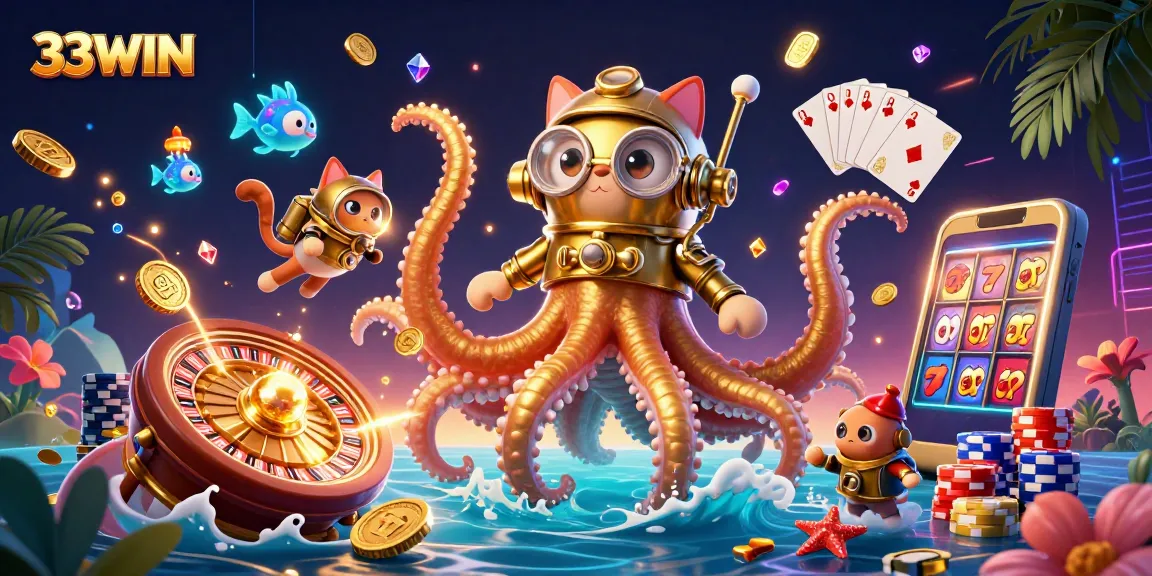 Win big with 33WIN at an exciting casino with a kraken, diving cat, and treasure!
