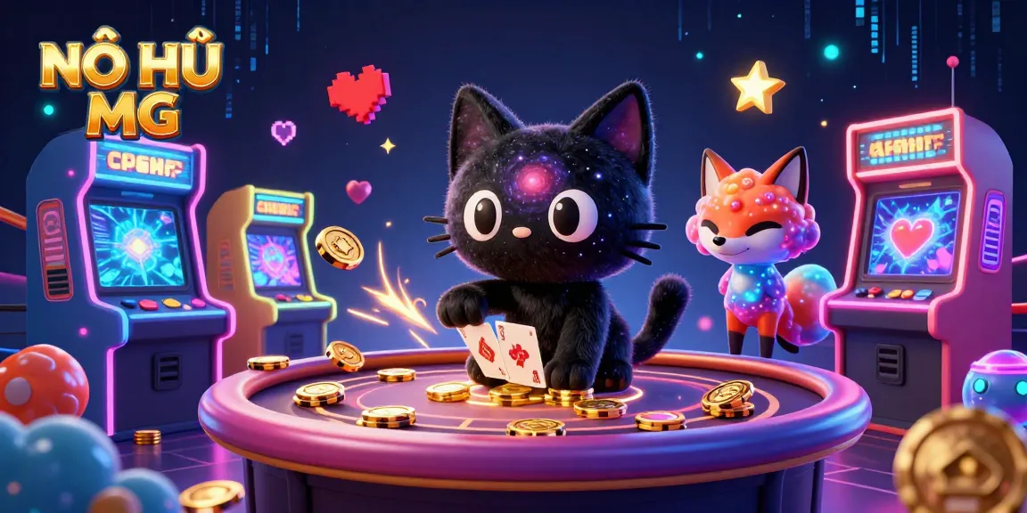 NỔ HŨ MG captures a cosmic casino scene with a black hole cat and vibrant game elements.