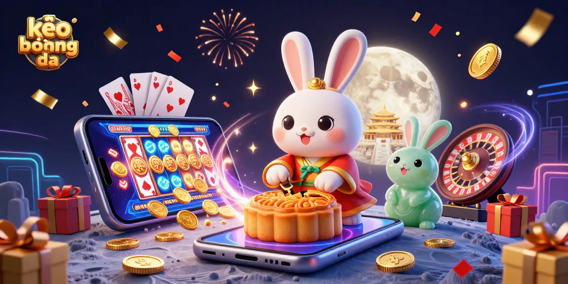 Spin the reels and explore kèo bóng đá with playful characters on a lunar themed background.