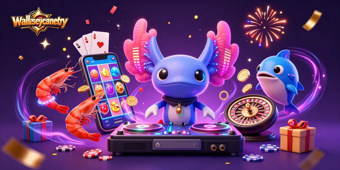 wallaseycemetery inspired scene with animated axolotl DJ and vibrant casino elements