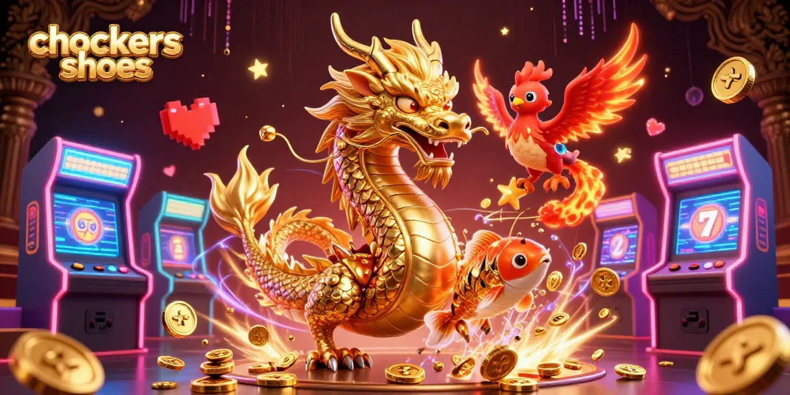 Immerse in chockers shoes with vibrant illustrations of a lucky dragon, koi fish, and arcade game elements.