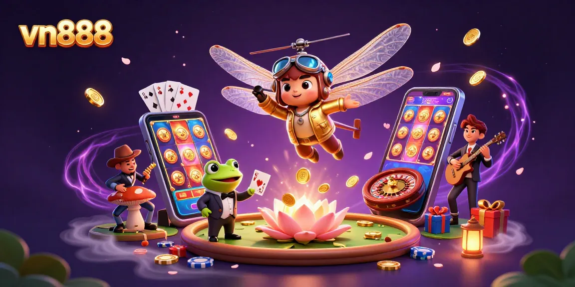 Play classic games with vn888 at a vibrant lily pad casino with animated characters.