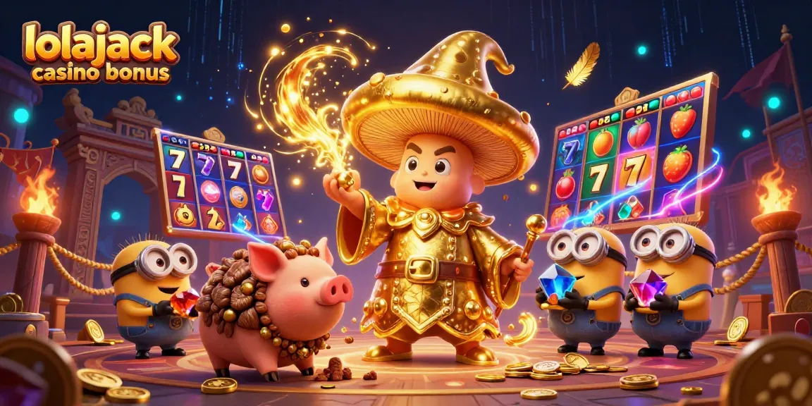 Experience the excitement of the lolajack casino bonus with dynamic illustrations of vibrant characters and magical elements.