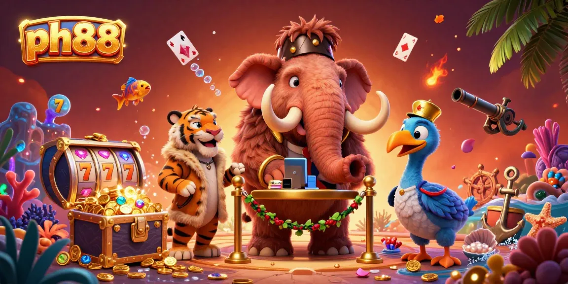 Experience the excitement at ph88 with a vibrant casino scene featuring engaging characters and slot machines.