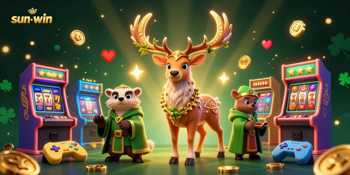 Experience the excitement of sun-win with a magical casino scene filled with vibrant characters and slot machines.