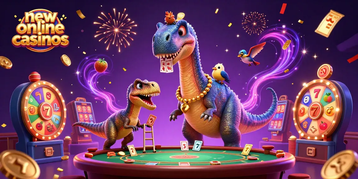 Engage in new online casinos with a vibrant dinosaur-themed casino scene filled with dynamic game elements.