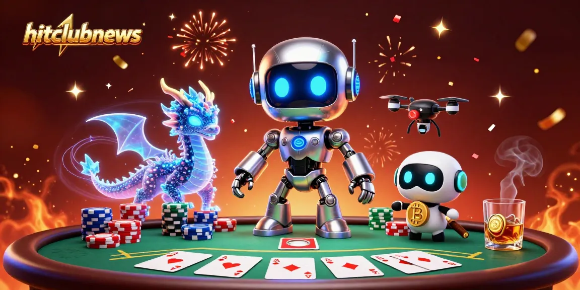 Experience thrilling games at hitclubnews with our immersive casino scene featuring robots and poker.