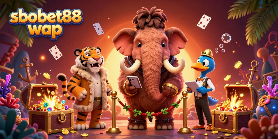 Experience sbobet88 wap with a vibrant 3D casino illustration featuring a woolly mammoth bouncer, a saber-tooth tiger, and a dodo doorman.